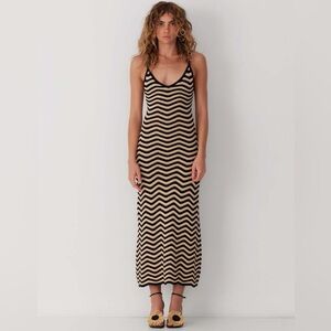 The Wolf Gang Beso Knit Midi Dress Noir Black Tan Chevron Stripe XS Crochet